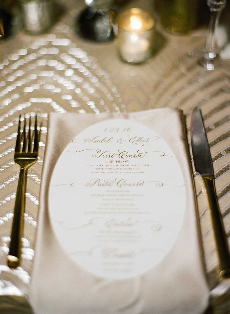 Oval White %26 Gold Menu Card
Photography: Kat Braman Photography
Read More:
http://www.insideweddings.com/weddings/a-sophisticated-museum-wedding-with-modern-details-in-palm-beach/899/ First course, pasta course, entree, dessert on oval menu atop champagne silk napkin and sequin linen