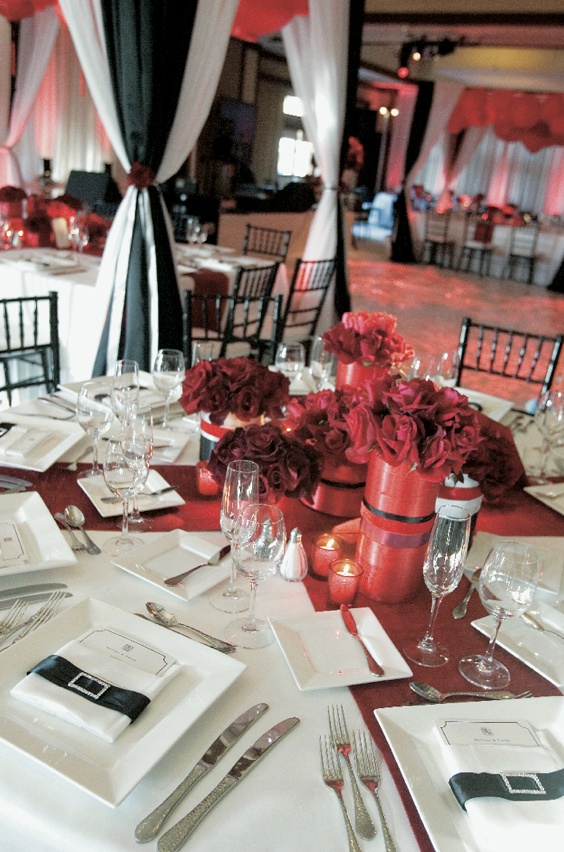 Black, White %26 Red Tablescape
Photography: Ventana Photography
Read More:
http://www.insideweddings.com/weddings/black-and-red-wedding-on-golf-course-at-the-lodge-at-torrey-pines/122/ Classic wedding reception decorations in black, red, and white