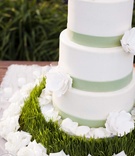 Green Ribbon Wedding Cake
Photography: lunaphoto
Read More:
http://www.insideweddings.com/weddings/organic-oceanside-wedding-in-malibu-california/350/ White cake decorated with sugar flowers and grass