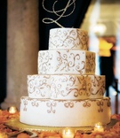 White %26 Gold Scrollwork Cake
Photography: LaCour Photography
Read More:
http://www.insideweddings.com/weddings/fall-wedding-at-the-vizcaya-museum-and-gardens-in-miami-florida/218/ Four layer wedding cake with rhinestone initial cake topper