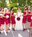 Red Bridesmaid Dresses
Photography: John Solano Photography
Read More:
http://www.insideweddings.com/weddings/romantic-california-wedding-with-deep-red-details/318/ Bride in ball gown and bridesmaids in short dress
