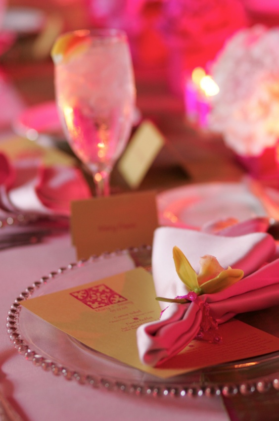 Pink Place Setting
Photography: Asgeir Bollason for David Michael Photography
Read More:
http://www.insideweddings.com/weddings/pink-green-memorial-day-weekend-wedding-in-palm-desert/128/ Plate with beads on the rim and orchid on napkin