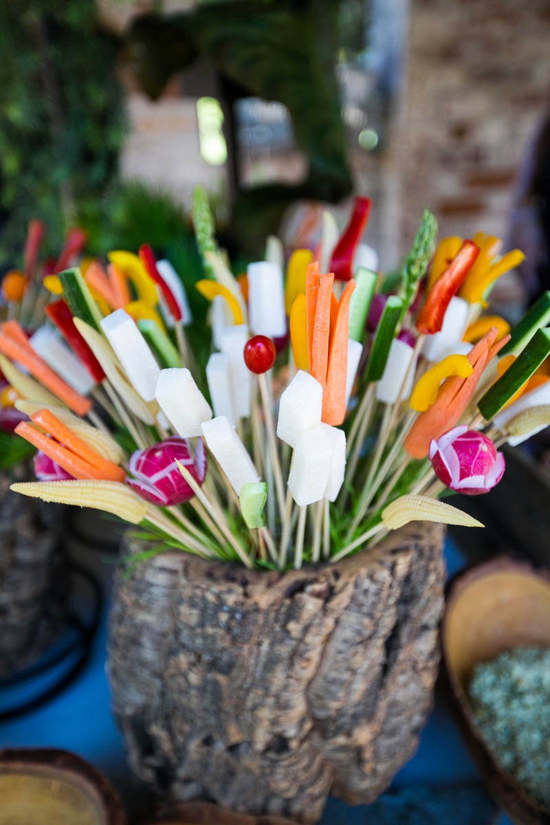 Veggie Stick Appetizers
Photography: Callaway Gable
Read More:
http://www.insideweddings.com/weddings/alfresco-summer-wedding-with-lush-foliage-accents-in-california/805/ healthy and colorful skewers with different raw vegetables at the end of each