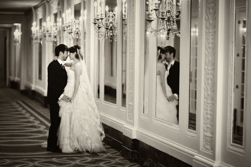 Classic Wedding Portrait
Photography: Catherine Hall Studios
Read More:
http://www.insideweddings.com/weddings/metropolitan-san-francisco-wedding-at-luxury-hotel/411/ Black and white photo of couple in mirror and hallway