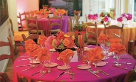 Pink and Orange Tables
Photography: Cean One Photography
Read More:
http://www.insideweddings.com/weddings/vibrant-wedding-at-romantic-beverly-hills-restaurant-il-cielo/94/ pink tablecloth with orange napkins and bright flowers
