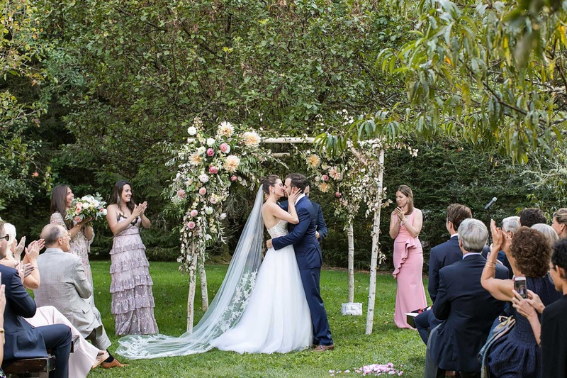 Outdoor Rustic Wedding with Birch Arch
Photography: Vue Photography
Read More:
http://www.insideweddings.com/weddings/destination-rustic-fall-wedding-at-a-farm-in-north-carolina/1202/ wedding ceremony green lawn birch four post ceremony structure pink greenery white flowers