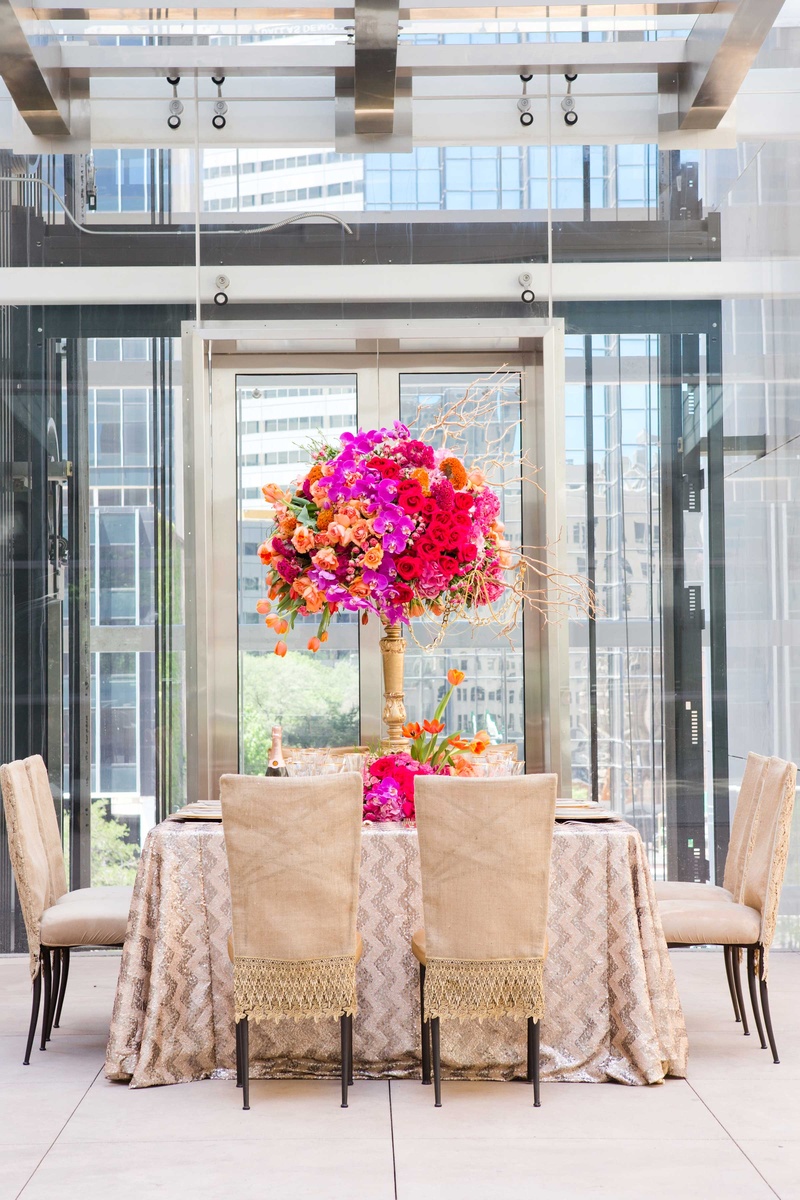 Bold Table, Champagne-Colored Chair Covers
Photography: Thisbe Grace Photography
Read More:
http://www.insideweddings.com/weddings/fall-inspired-wedding-styled-shoot-featuring-bold-metallic-details/868/ bold table champagne colored chair covers vibrant flowers chevron print table linen wedding
