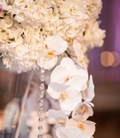 Close Up of White Centerpiece with Orchids
Photography: Carasco Photography
Read More:
http://www.insideweddings.com/weddings/colorful-church-ceremony-purple-ballroom-reception-in-chicago/713/ White flower arrangement at reception with orchid and crystal strands