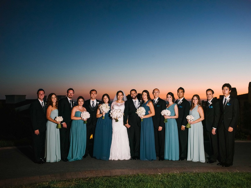 Sunset Bridal Party Photo
Photography: Braedon Photography
Read More:
http://www.insideweddings.com/weddings/orthodox-jewish-wedding-with-outdoor-ceremony-inspired-by-the-sea/812/ Bridesmaids in mismatched blue bridesmaid dresses with groomsmen in suits at sunset Terranea resort