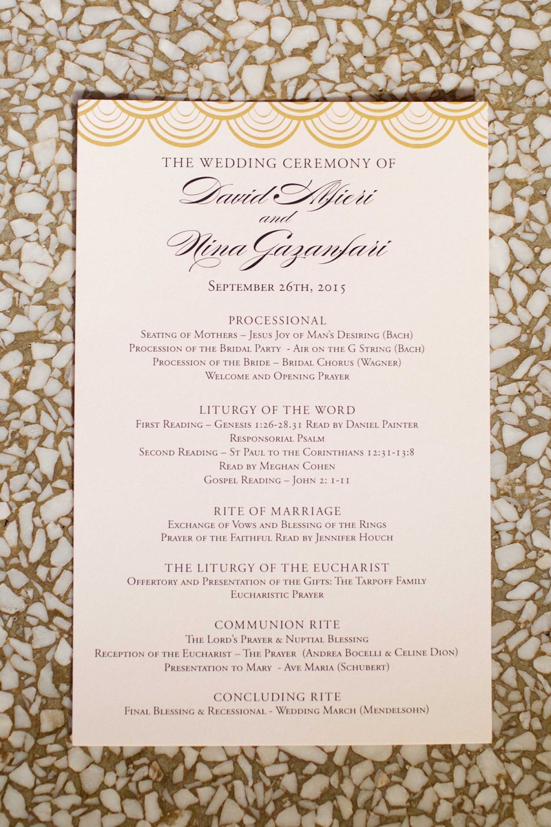 Gold Chicago Wedding Ceremony Program
Photography: Amanda Sudimack for Artisan Events
Read More:
http://www.insideweddings.com/weddings/customized-chicago-wedding-with-pink-blush-marsala-color-palette/911/ Wedding ceremony program with gold scallop details at top processional liturgy rite of marriage