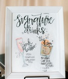 Signature Drink Menu with Illustrations
Photography: Jennefer Wilson Photography
Read More:
http://www.insideweddings.com/weddings/gorgeous-dallas-wedding-with-outdoor-ceremony-ballroom-reception/998/ Framed signature drink sign with drawings of drink and calligraphy champagne and bourbon