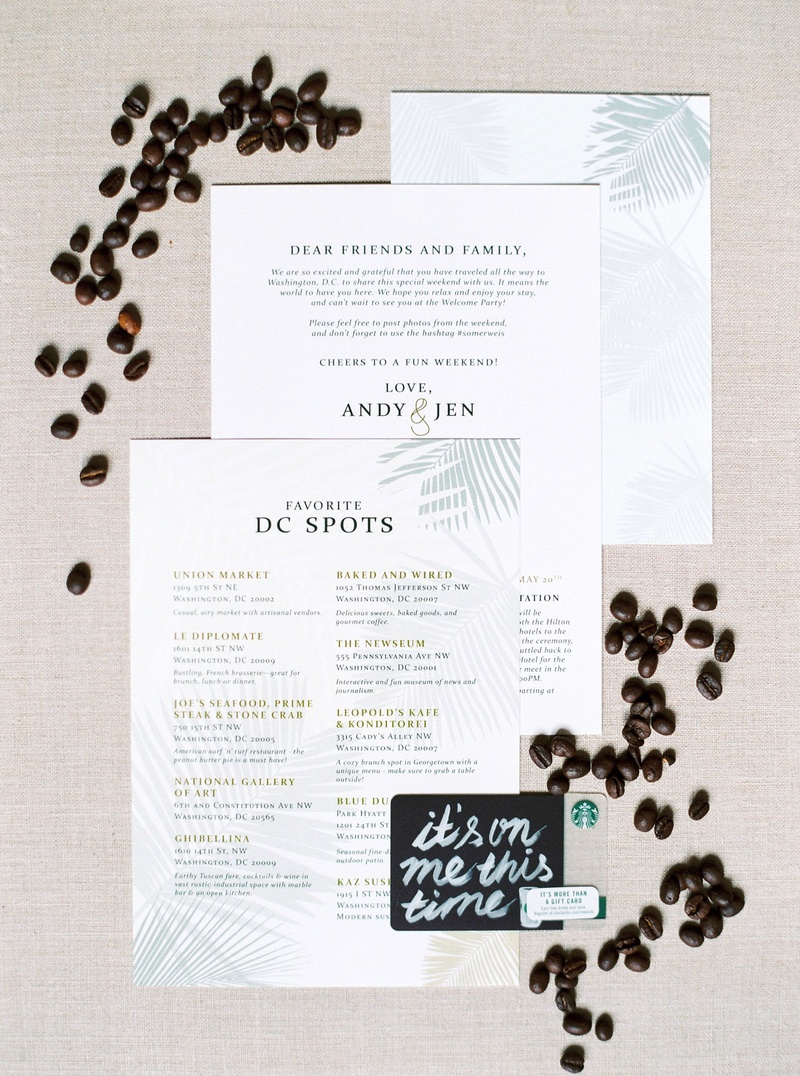 Destination Wedding Paper Goods
Photography: Branco Prata
Read More:
http://www.insideweddings.com/weddings/chic-destination-wedding-with-california-style-in-washington-dc/1042/ Welcome note with hashtag and list of favorite spots in the city destination wedding Starbucks card