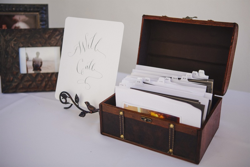 Will Call Table Cards
Photography: Jasmine Star Photography
Read More:
http://www.insideweddings.com/weddings/spanish-style-ceremony-outdoor-ranch-wedding-reception/504/ Brown jewelry box with card catalog of wedding escort cards