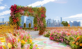 Multicolored NYC-View Wedding
Photography: Clane Gessel Photography
Read More:
http://www.insideweddings.com/weddings/colorful-city-view-wedding-featuring-indian-and-japanese-traditions/1353/ indian japanese wedding ceremony pink yellow orange flowers flower print aisle runner new york city