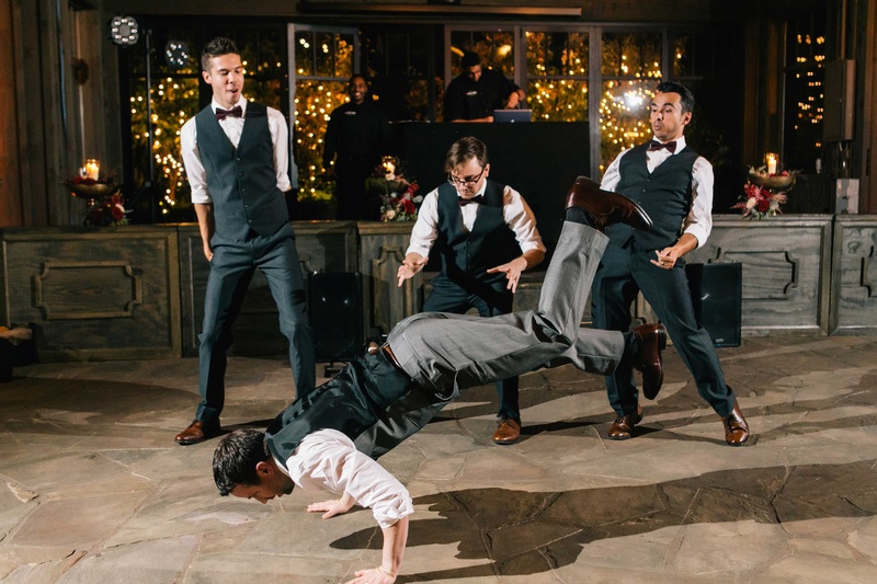 Groom and Groomsmen do Choreographed Dance
Photography: Vue Photography
Read More:
http://www.insideweddings.com/weddings/baroque-autumn-wedding-with-deep-wine-tones-in-north-carolina/770/ groom and groomsmen in tuxedos do a choreographed dance at reception to surprise bride with worm
