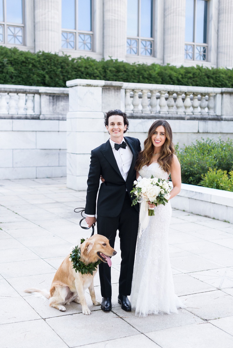 Chicago Couple with Golden Retriever
Photography: Averyhouse
Read More:
http://www.insideweddings.com/weddings/chic-summer-wedding-at-a-natural-history-museum-in-chicago/1361/ wedding photo of bride and groom with golden retriever wearing collar of greenery chicago wedding