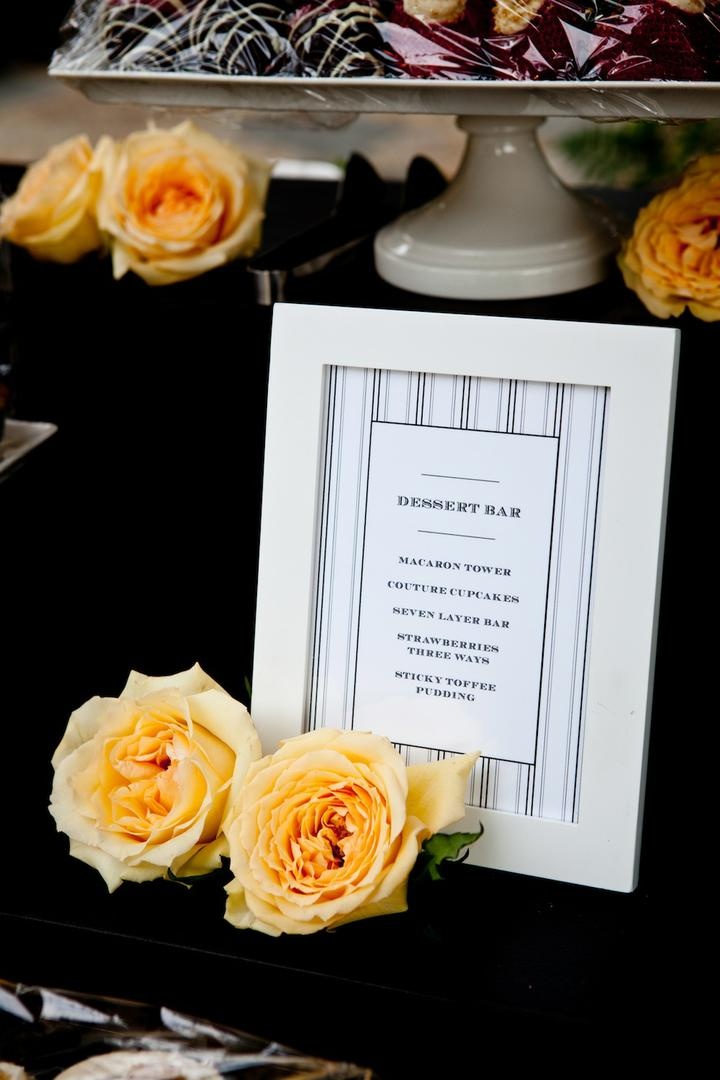 Dessert Bar Menu
Photography: Docuvitae
Read More:
http://www.insideweddings.com/weddings/canadian-american-wedding-in-malibu-california/393/ Striped dessert menu at wedding with yellow roses