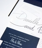 White %26 Navy Modern Calligraphy Invite
Photography: Roey Yohai Photography
Read More:
http://www.insideweddings.com/weddings/elegant-jewish-wedding-at-architectural-landmark-in-new-york-city/1085/ Modern calligraphy wedding invitation white grey script and navy blue stationery
