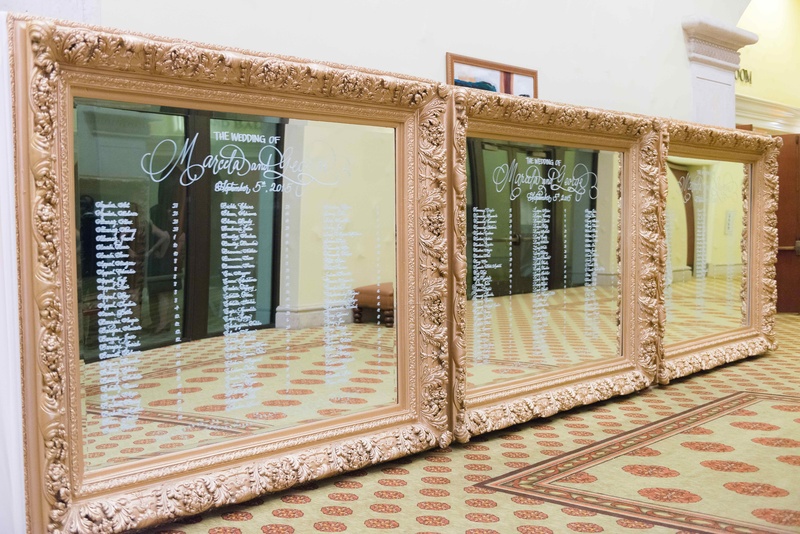 Oversized Gold Mirrors with Calligraphy
Photography: The Yodsukars
Read More:
http://www.insideweddings.com/weddings/glam-10th-wedding-anniversary-party-vow-renewal-in-california/917/ Seating chart three oversized large mirrors ornate gold white calligraphy on mirror frame