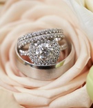 Double-Halo Engagement Ring
Photography: KingenSmith
Read More:
http://www.insideweddings.com/weddings/an-opulent-spring-wedding-with-timeless-elegant-decor-in-chicago/1007/ Wedding ring engagement ring round diamond double halo setting eternity band and men's band