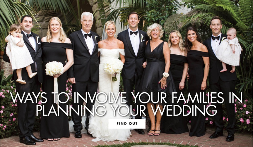 family wedding portrait with groomsmen in tuxedo, bridesmaids in off-the-shoulder black gowns