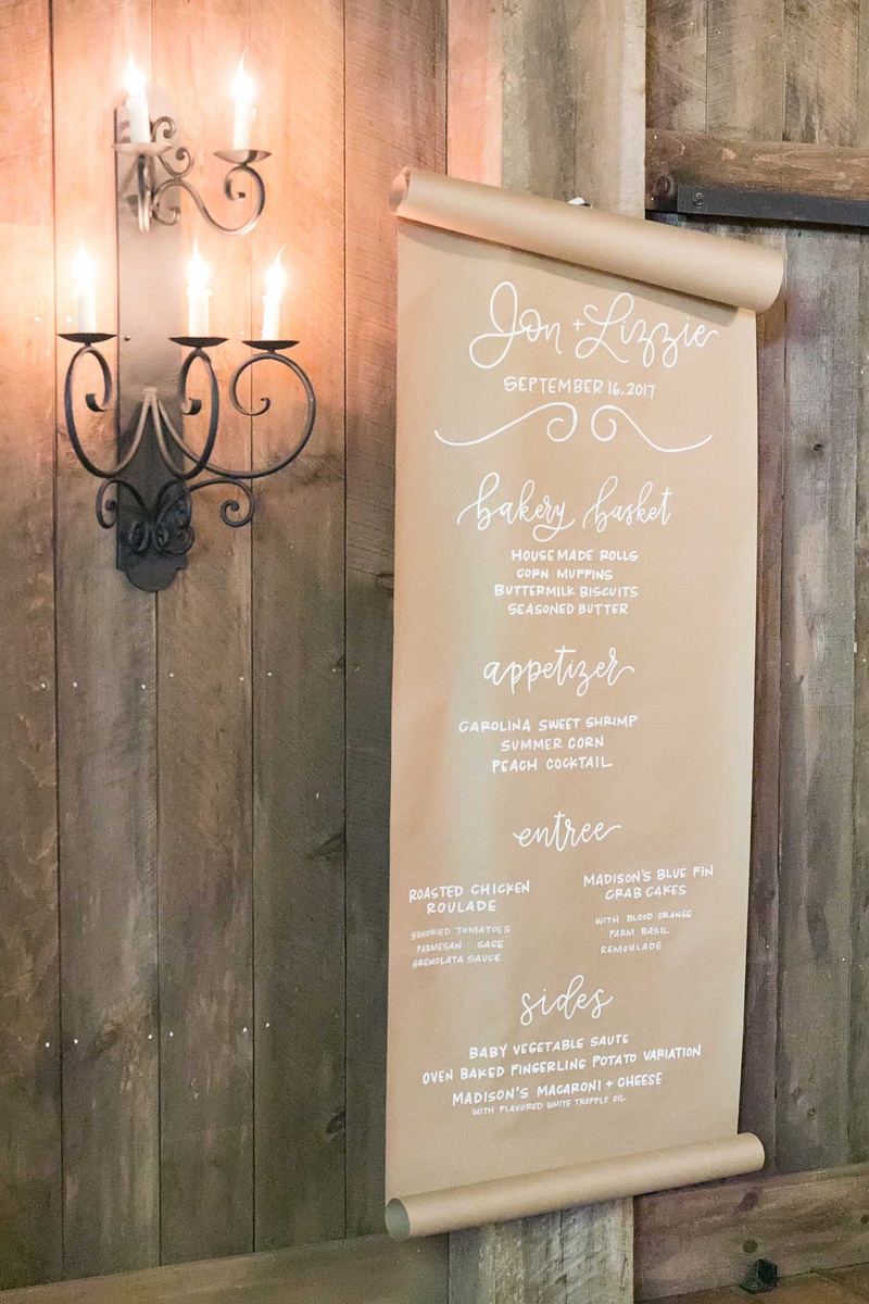 Large Kraft Paper Wedding Menu
Photography: Vue Photography
Read More:
http://www.insideweddings.com/weddings/destination-rustic-fall-wedding-at-a-farm-in-north-carolina/1202/ wedding reception menu on kraft paper modern calligraphy bakery basket appetizer entrees chicken