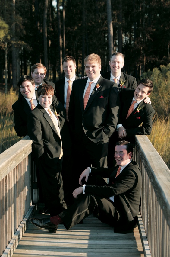 South Carolina Groomsmen
Photography: Mark Staff Photography
Read More:
http://www.insideweddings.com/weddings/autumn-inspired-golf-club-wedding-in-south-carolina/149/ Groom and groomsmen in black suits with red orange ties