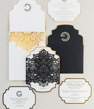 Ornate Black, White %26 Gold Invitation
Photography: Brett Hickman Photographers
Read More:
http://www.insideweddings.com/weddings/charlise-castro-and-george-springer-iii/1165/ Charlise Castro and Houston Astros mlb player George Springer III white gold invitation suite lace