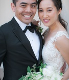 Gia Kim %26 Joshua Pengson
Photography: Clane Gessel Photography
Read More:
http://www.insideweddings.com/weddings/ocean-view-ceremony-with-cultural-traditions-elegant-reception/1291/ bride in lace wedding dress groom in tuxedo bow tie white garden rose and greenery bouquet low pony