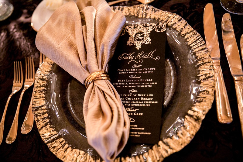 Black %26 Gold Menu Card
Photography: Parker J Pfister Photographer
Read More:
http://www.insideweddings.com/weddings/gorgeous-alfresco-ceremony-tented-reception-at-a-luxurious-estate/1044/ Wedding reception black and gold menu card Ceci New York black with gold calligraphy and crest