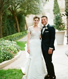 Farrell Rafkin %26 Brett Lacher
Photography: Liz Banfield
Read More:
http://www.insideweddings.com/weddings/hometown-hotel-wedding-with-gorgeous-flowers-in-dallas-texas/1189/ Bride in marchesa wedding dress illusion neckline short sleeve fit and flare groom in tuxedo bow tie