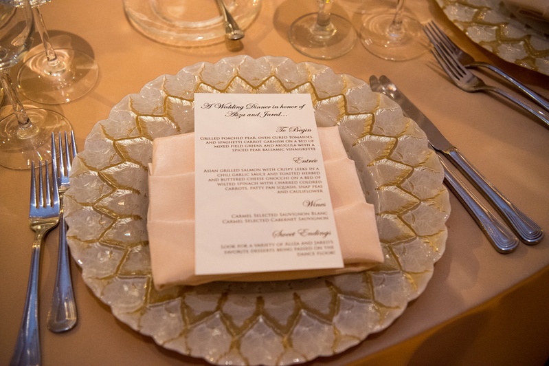 Silver-and-Gold Charger with Menu
Photography: Carasco Photography
Read More:
http://www.insideweddings.com/weddings/jewish-wedding-with-classic-ivory-and-gold-decor-in-chicago/983/ silver-and-gold charger with blush napkin and menu