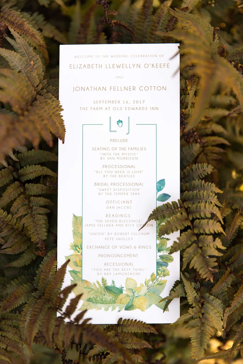 Rustic Wedding Ceremony Program
Photography: Vue Photography
Read More:
http://www.insideweddings.com/weddings/destination-rustic-fall-wedding-at-a-farm-in-north-carolina/1202/ wedding ceremony program green monogram acorn leaf motif yellow blue green wedding vows readings