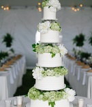 White Cake with Hydrangeas and Peonies
Photography: Luke %26 Katherine Griffin for Max %26 Friends
Read More:
http://www.insideweddings.com/weddings/tent-wedding-with-chic-nautical-theme-on-la-playa-bay-in-san-diego/737/ Five layer wedding cake with green hydrangea and white peony flowers between each tier