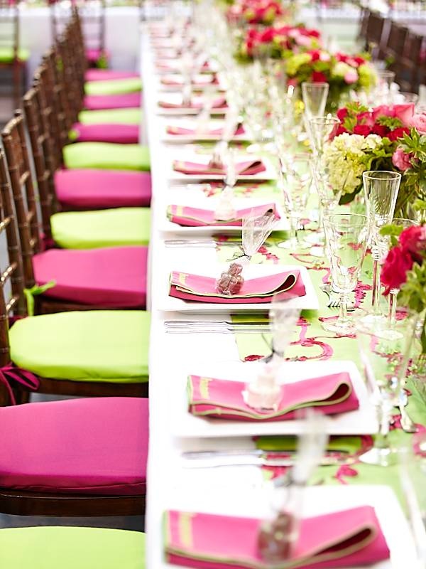 Pink and Green Tablescape
Photography: John Russo
Read More:
http://www.insideweddings.com/weddings/armie-hammers-rehearsal-dinner-a-stunning-affair/481/ Long rectangular table lined with chairs