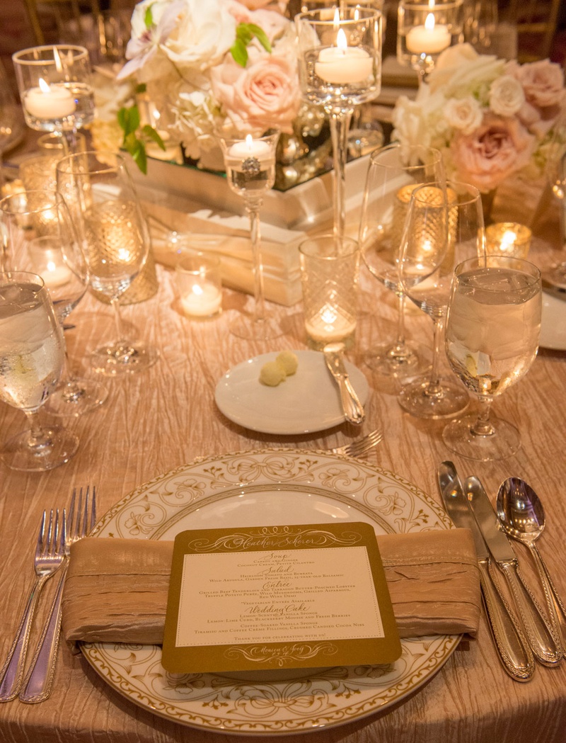 Blush Place Setting with Menu
Photography: Boyd Harris Photographs
Read More:
http://www.insideweddings.com/weddings/a-jeweled-floral-wedding-at-fairmont-grand-del-mar-in-san-diego/745/ Place setting with menu, centerpieces with roses and candles