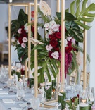 Florals in 3D Frame
Photography: EDLT Photo
Read More:
http://www.insideweddings.com/weddings/ocean-view-ceremony-featuring-modern-decor-with-a-tropical-twist/1222/ golden 3d frame encasing display of split leaves, lanceleaf blossoms, orchids
