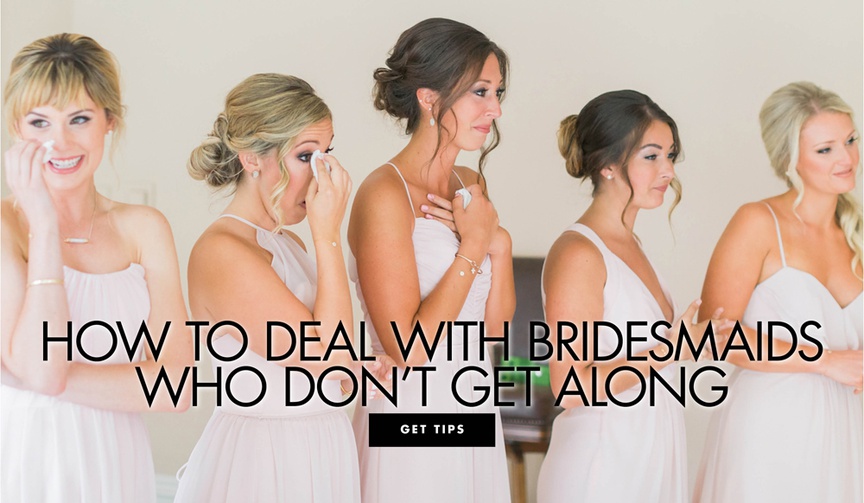 emotional bridesmaids in pale blush gowns dabbing eyes with tissues