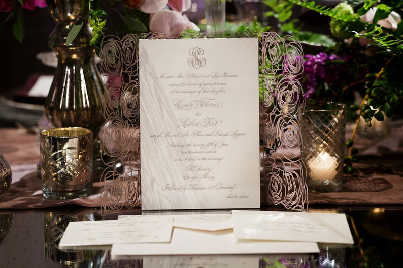 Delicate Rose Foldout
Photography: Bob %26 Dawn Davis Photography
Read More:
http://www.insideweddings.com/weddings/inspiring-styled-shoot-with-deep-dark-color-palette-in-chicago/1037/ elizabeth grace invitations, delicate laser-cut rose pattern foldout