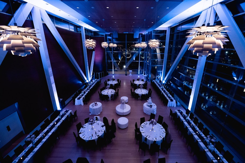 Purple Lighting at Presidential Library
Photography: Sterling Imageworks
Read More:
http://www.insideweddings.com/weddings/sophisticated-soiree-at-a-presidential-library-in-little-rock/1033/ Clinton Library wedding venue reception purple lighting modern fixtures white tablecloths
