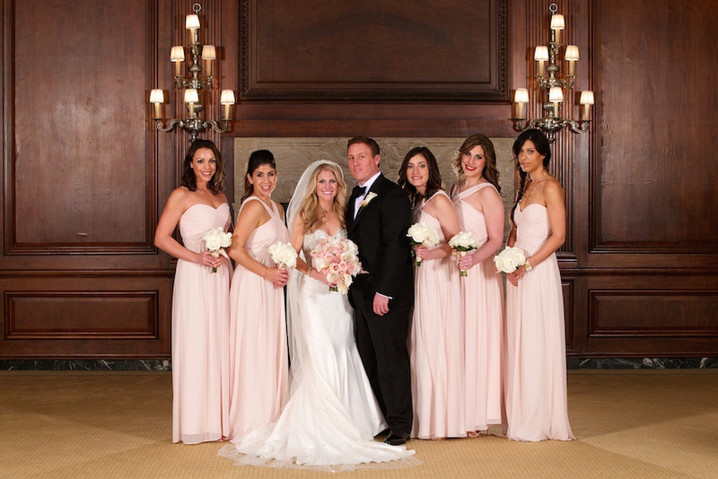Bride %26 Groom with Pink Bridesmaids
Photography: Bob %26 Dawn Davis Photography
Read More:
http://www.insideweddings.com/weddings/glamorous-ivory-blush-spring-wedding-at-a-private-club-in-chicago/685/ Light pink mismatched Monique Lhuillier bridesmaid dresses