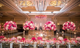 Head Table in Front of Dance Floor
Photography: John Cain Photography
Read More:
http://www.insideweddings.com/weddings/classic-wedding-with-personalized-details-and-a-pink-gold-palette/1345/ wedding reception ballroom pink flowers gold chairs large dance floor ballroom chandelier