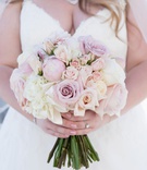 Rose %26 Peony Bouquet Arrangement
Photography: Maya Myers Photography
Read More:
http://www.insideweddings.com/weddings/ballroom-wedding-at-an-ocean-view-hotel-in-santa-monica-california/1325/ bride in v neck ball gown with necklace carrying blush lavender ivory bouquet of rose peony flowers