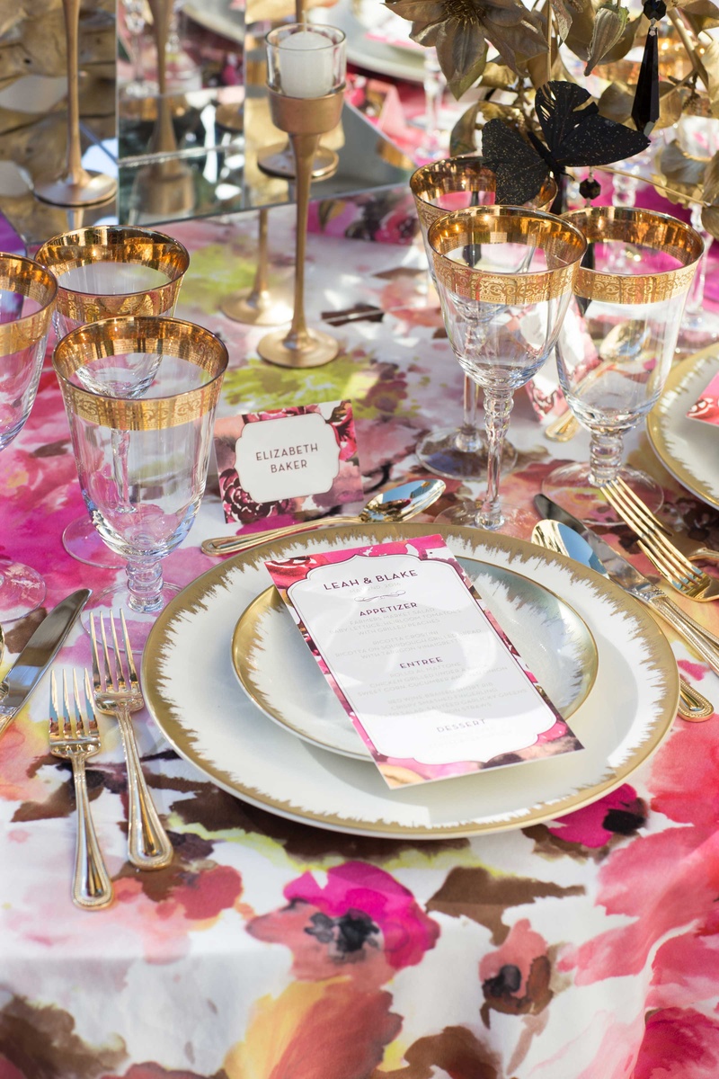 Gold Leaf Plates, Glasses, and Flatware
Photography: Thisbe Grace Photography
Read More:
http://www.insideweddings.com/weddings/dramatic-wedding-shoot-inspired-by-alexander-mcqueen-chanel/749/ gold leaf china charger plates wine glasses flatware silverware with invitations candles pink linen