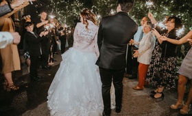 Custom Jacket for Grand Exit
Photography: Joy Strotz Photography
Read More:
http://www.insideweddings.com/weddings/sydney-sierota-and-cameron-quiseng/1301/ Echosmith singer Sydney Sierota and Cameron Quiseng grand exit sparklers custom leather jacket
