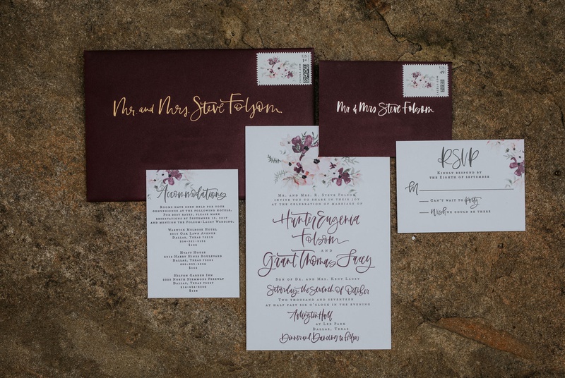 Wedding Invitation for Dallas Fall Wedding
Photography: Grant Daniels Photography
Read More:
http://www.insideweddings.com/weddings/outdoor-ceremony-tented-reception-with-cozy-fall-color-palette/1183/ a fabulous fete wedding invitation brush lettering calligraphy gold burgundy envelope flower motif