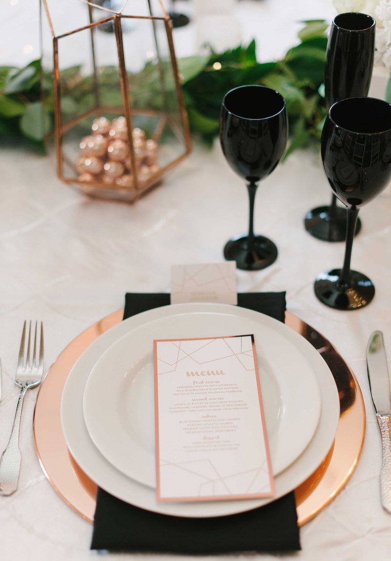 Reception Décor Photos Copper, White, and Black Tablescape Inside
