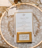 Golden Table Setting
Photography: Suzanne Delawar Studios
Read More:
http://www.insideweddings.com/weddings/sentimental-destination-wedding-weekend-in-bal-harbour-florida/1001/ clear charger with gold trim, gold framed place card, gold flatware, textured linens