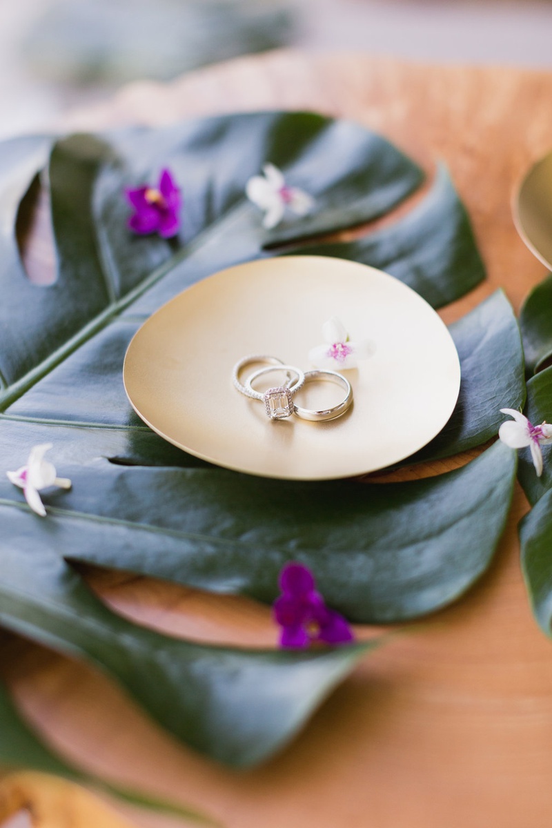 Rings in Jewelry Dish
Photography: Marissa Maharaj
Read More:
http://www.insideweddings.com/weddings/destination-wedding-in-maui-with-both-classic-and-tropical-touches/1248/ radiant-cut engagement ring in halo, white gold wedding rings