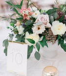 White %26 Gold Table Number
Photography: Anya Kernes Photography
Read More:
http://www.insideweddings.com/weddings/outdoor-wedding-with-dusty-rose-powder-blue-lavender-palette/1288/ wedding reception white textured linen low centerpiece ivory pink flowers greenery gold white number